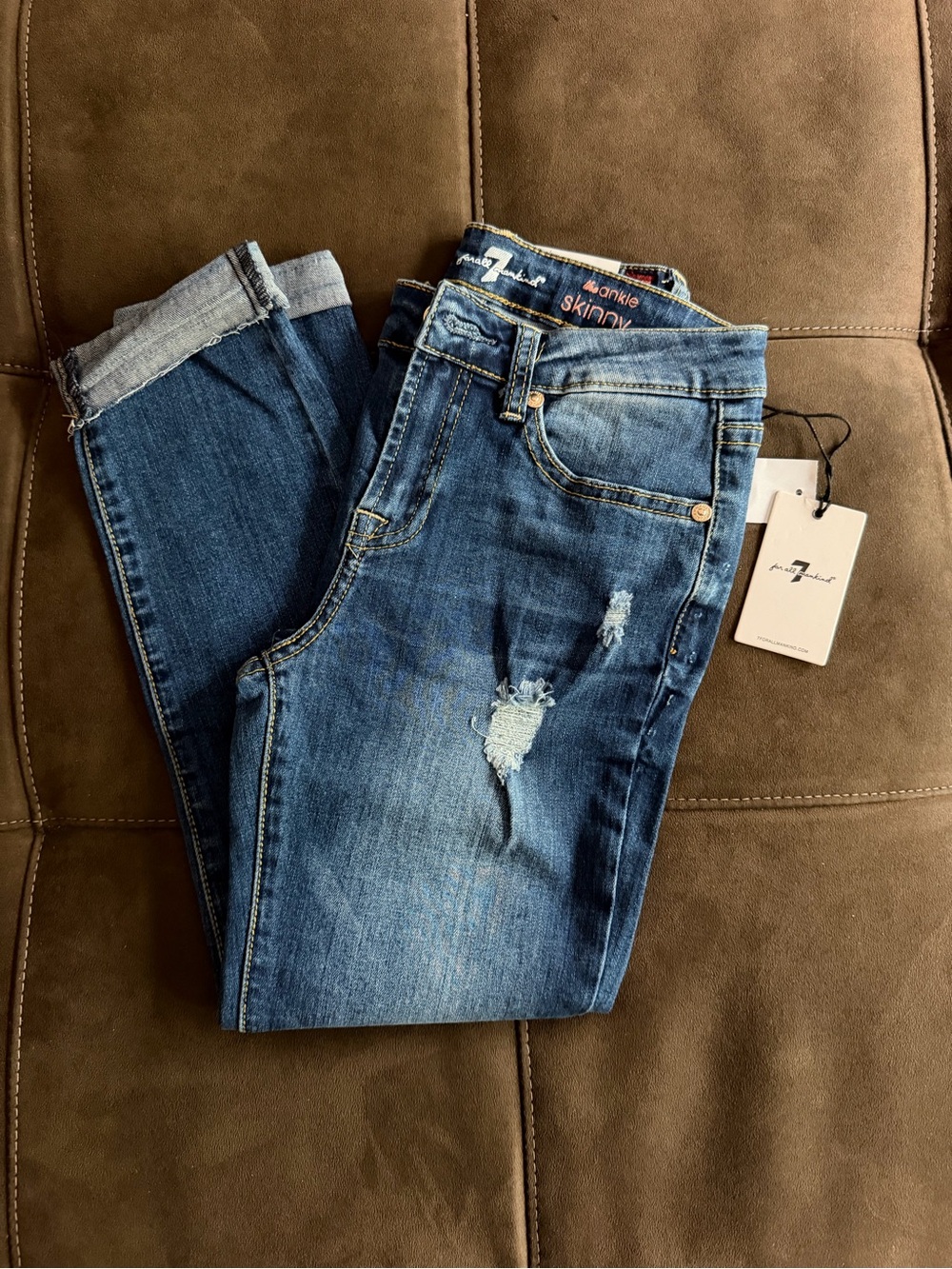7 For All Mankind Blue Distressed Skinny Jeans - Kids